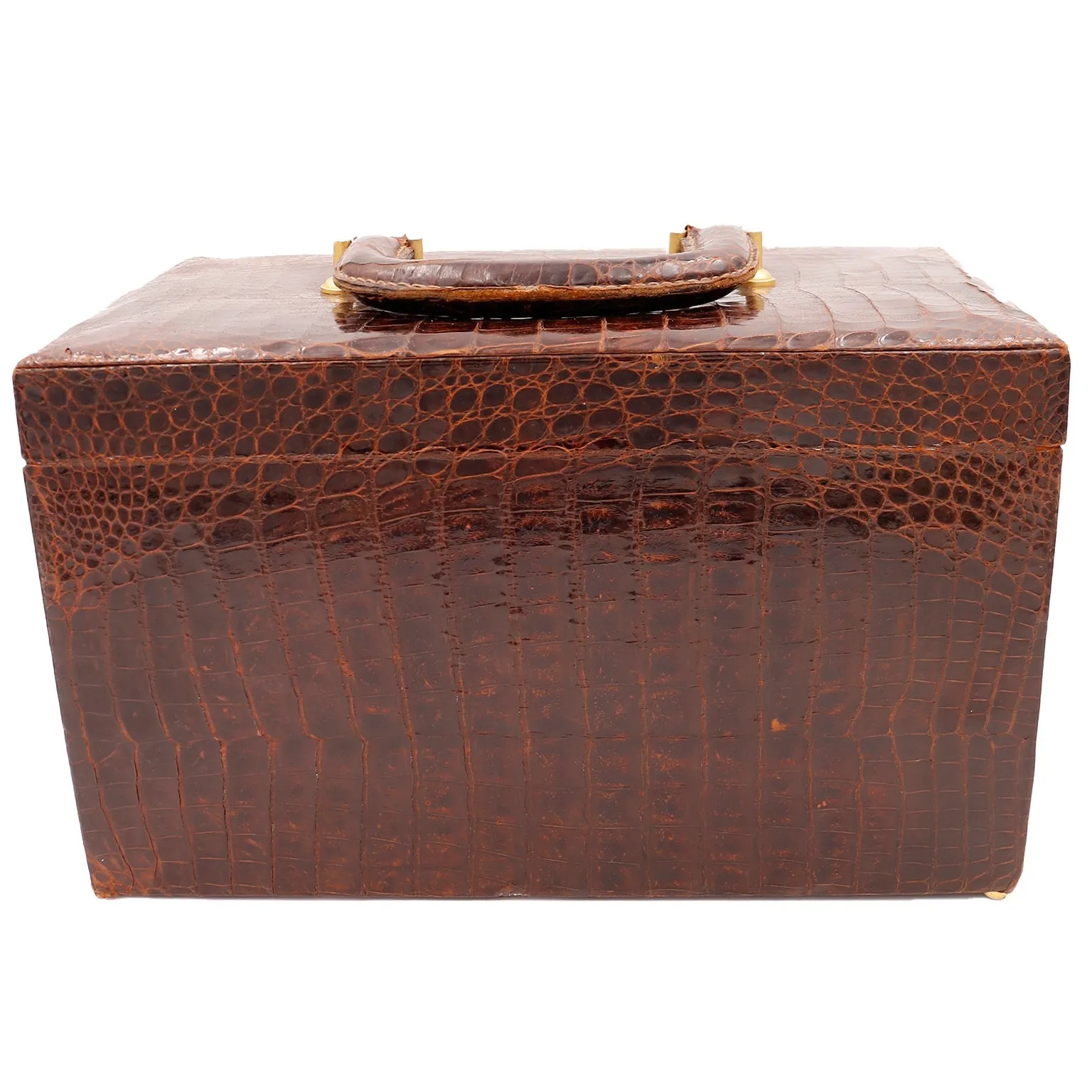 1930s Genuine Alligator Vanity Train Case W Snakeskin Lining & Removable Inserts