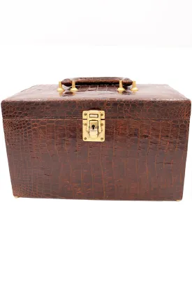 1930s Genuine Alligator Vanity Train Case W Snakeskin Lining & Removable Inserts