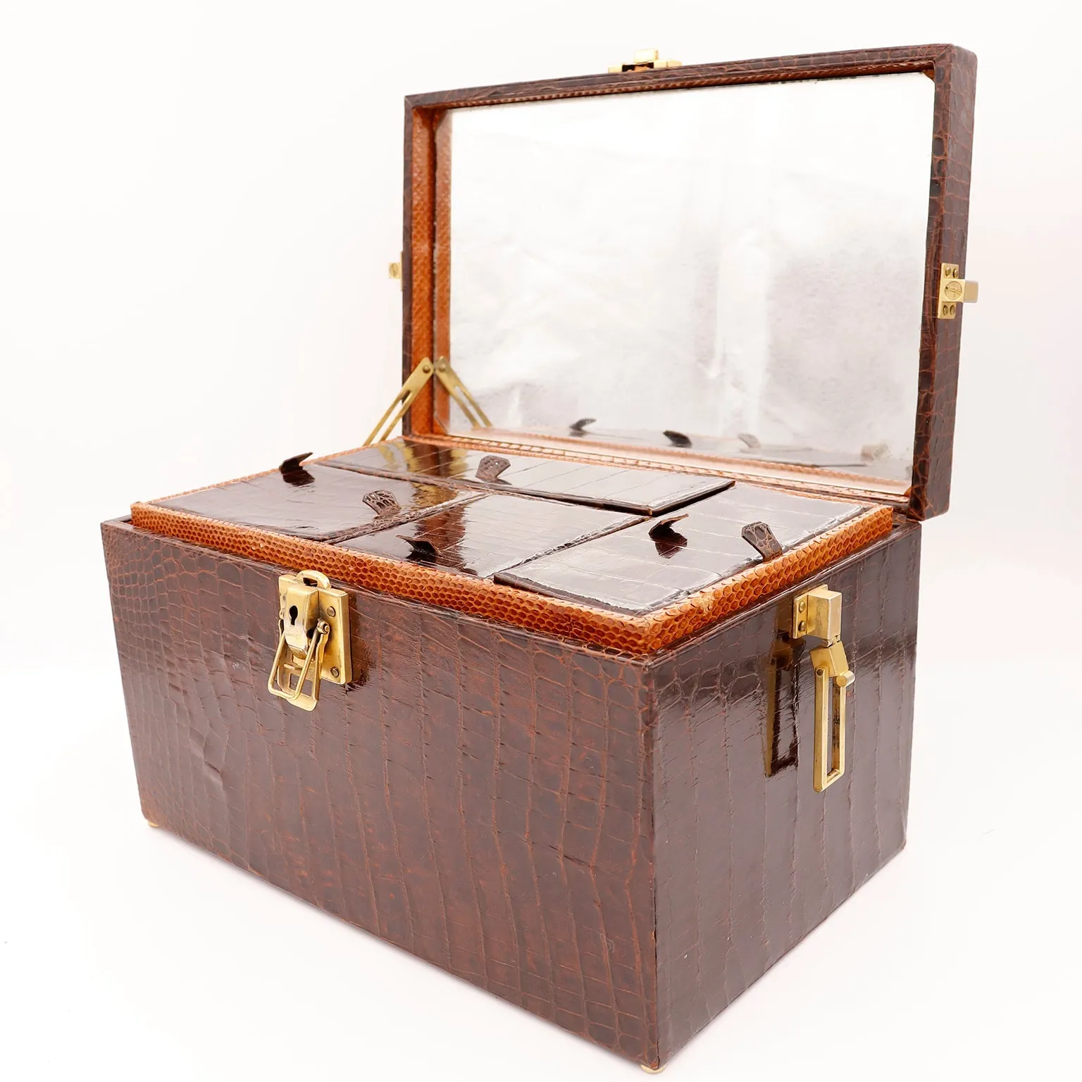 1930s Genuine Alligator Vanity Train Case W Snakeskin Lining & Removable Inserts