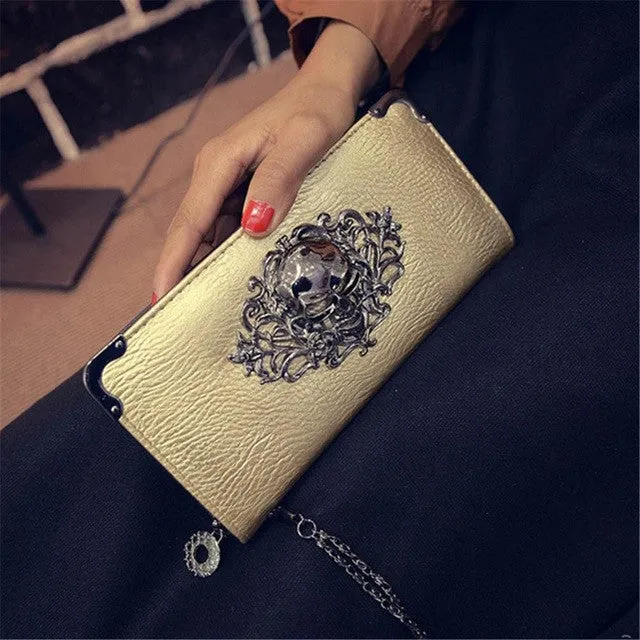 2016 Hot Fashion Metal Skull Pattern PU Leather Long Wallets Women Wallets Portable Casual Lady Cash Purse Card Holder Gift