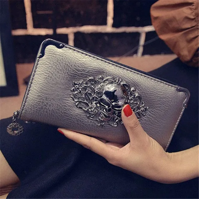 2016 Hot Fashion Metal Skull Pattern PU Leather Long Wallets Women Wallets Portable Casual Lady Cash Purse Card Holder Gift