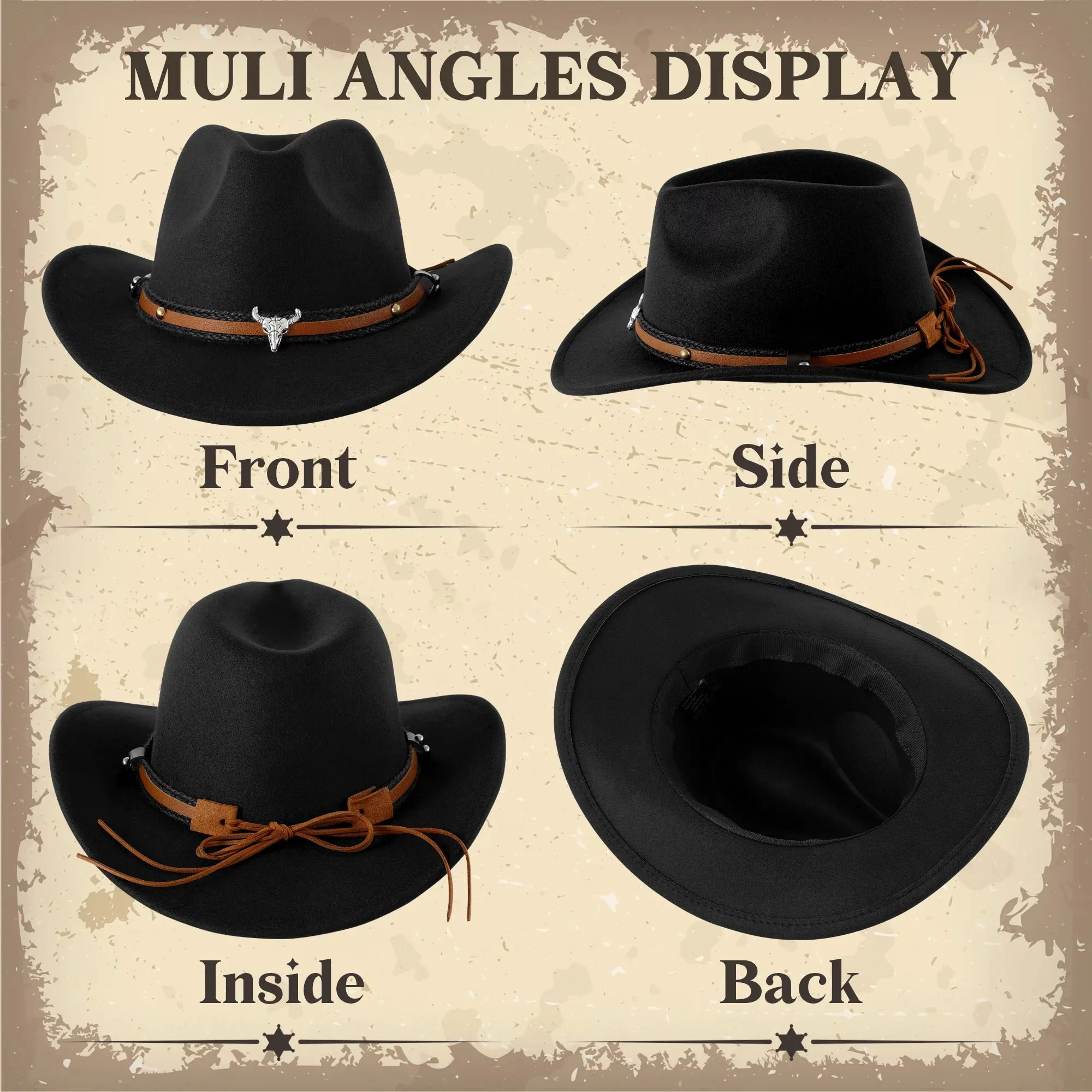 Black Cowboy Hat for Adult Men Women Cowgirl Hat with Adjustable Leather Hat Band Western Cattleman Cow Boy Rodeo Outfit for Outdoor Activities, Parties, Farm-Related Events, Music Festivals