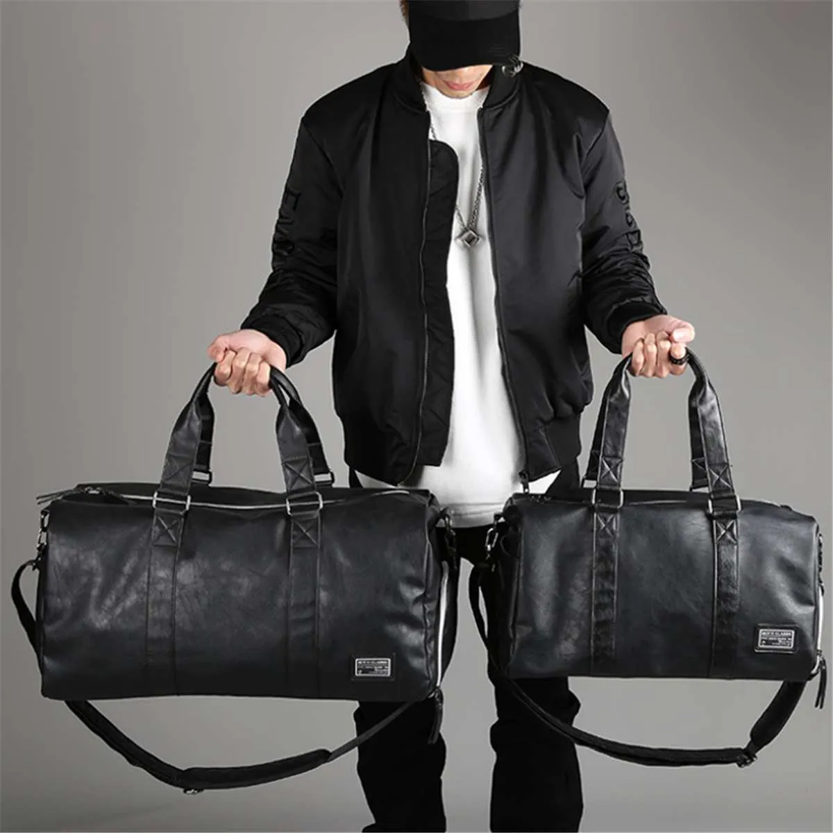 Black Men Travel Duffel Waterproof PU Leather Handbags Shoulder