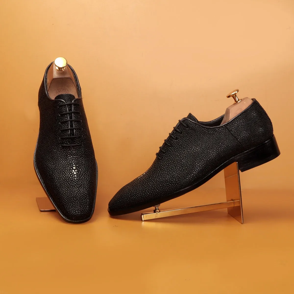 Black Oxfords Lace-Up Formal Shoes in Exotic Stingray Fish Leather