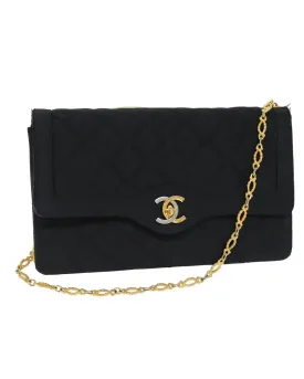 Black Satin Matelasse Chain Shoulder Bag with Guarantee Card - Authentic