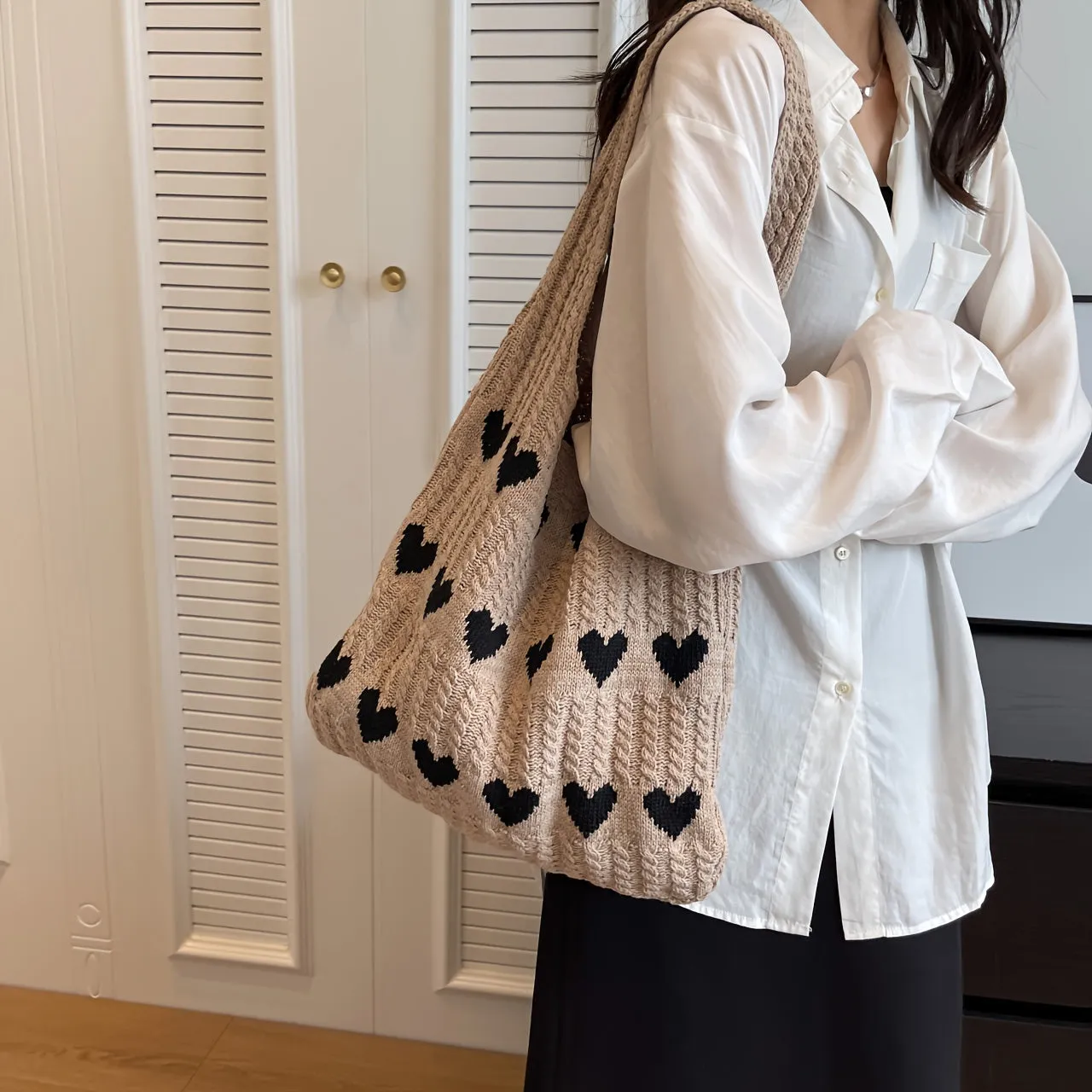 Chic Love Knitted Tote Fashionable Aesthetic Crochet Bag for Women