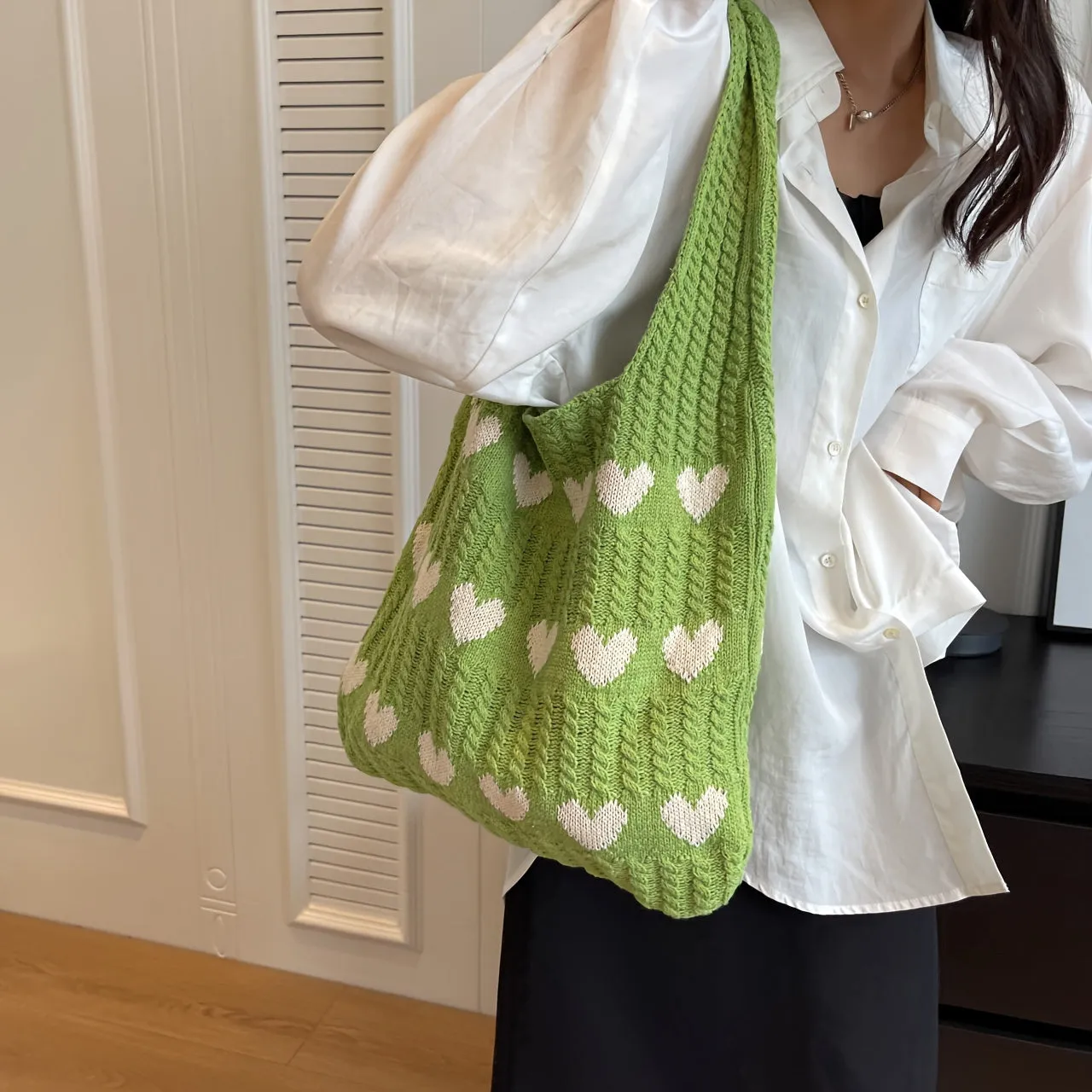 Chic Love Knitted Tote Fashionable Aesthetic Crochet Bag for Women