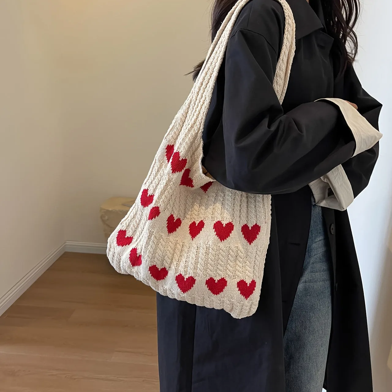 Chic Love Knitted Tote Fashionable Aesthetic Crochet Bag for Women