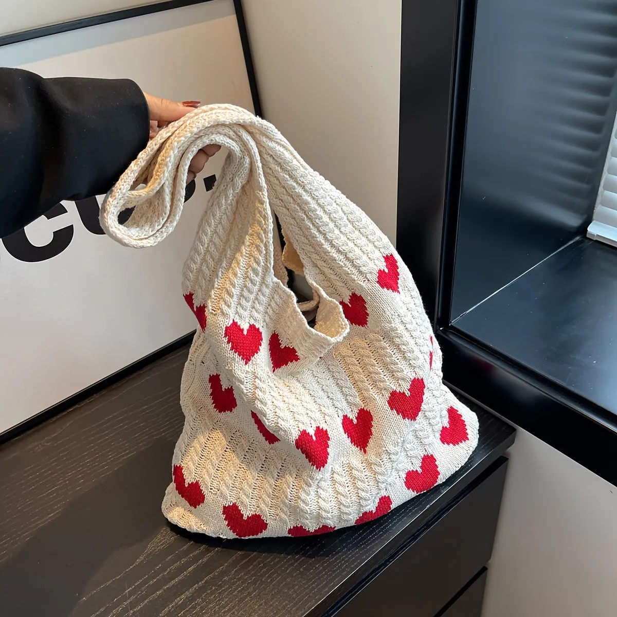 Chic Love Knitted Tote Fashionable Aesthetic Crochet Bag for Women