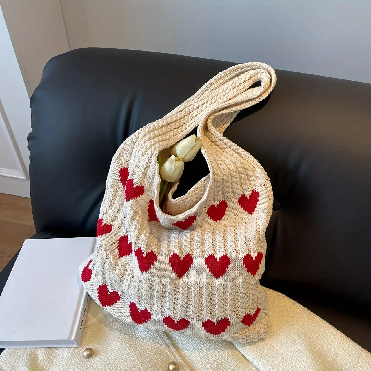 Chic Love Knitted Tote Fashionable Aesthetic Crochet Bag for Women