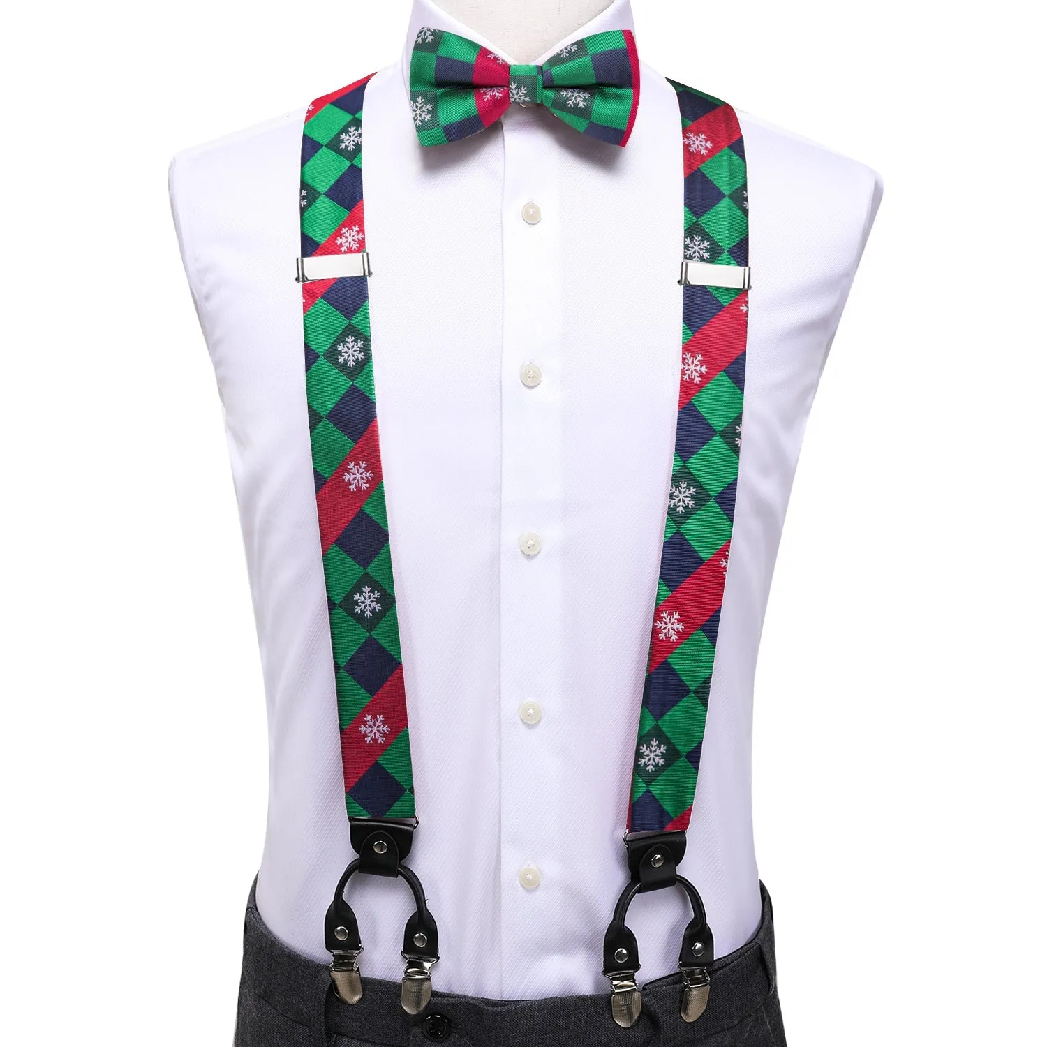 Christmas Green Red Blue Novelty Y Back Brace Clip-on Men's Suspender with Bow Tie Set