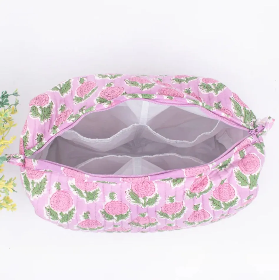 Cotton Block Print Cosmetics Bags - Pink Green Lotus (Set of 3)