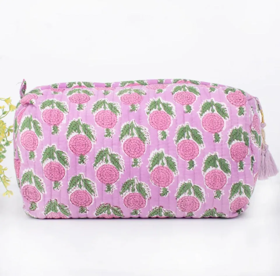 Cotton Block Print Cosmetics Bags - Pink Green Lotus (Set of 3)