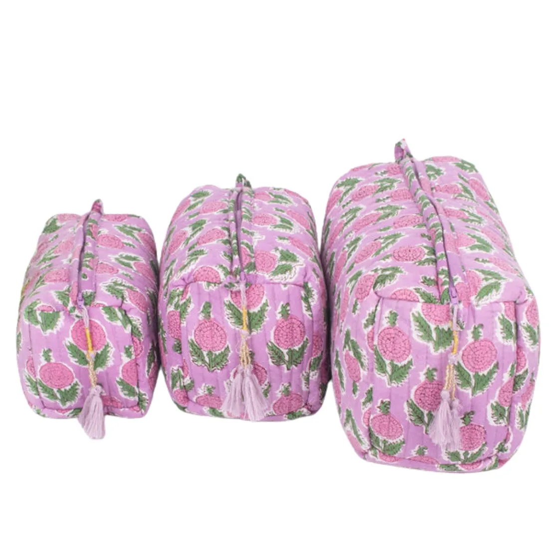 Cotton Block Print Cosmetics Bags - Pink Green Lotus (Set of 3)