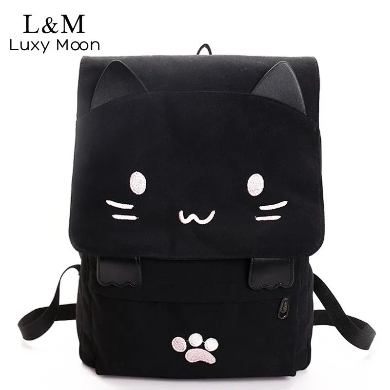 Cute Cat Canvas Backpack Cartoon Embroidery Backpacks For Teenage Girls School Bag Casual Black Printing Rucksack Mochilas XA69H