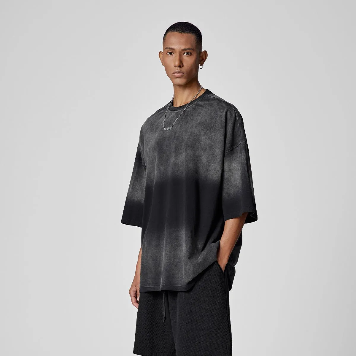 Distressed-effect Gradient Oversized Charcoal Tee