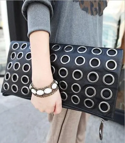 Fashion Style PU Leather Handbag Famous Brand Retro Rivet Tote Bag Lady wallet Clutch Female Purse Evening Bag LH72