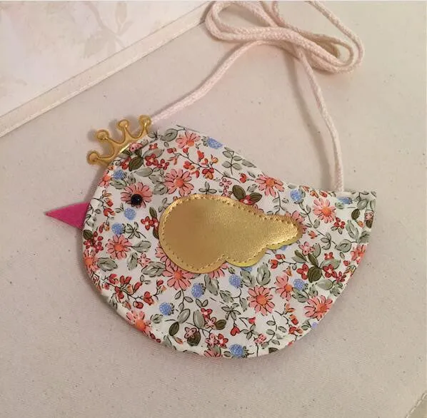 Gold Crown Bird Children Coin Purse Cute Baby Girls Colorful Messenger Bag Handmade Cotton Fabric Bag for Kids Gift for Children