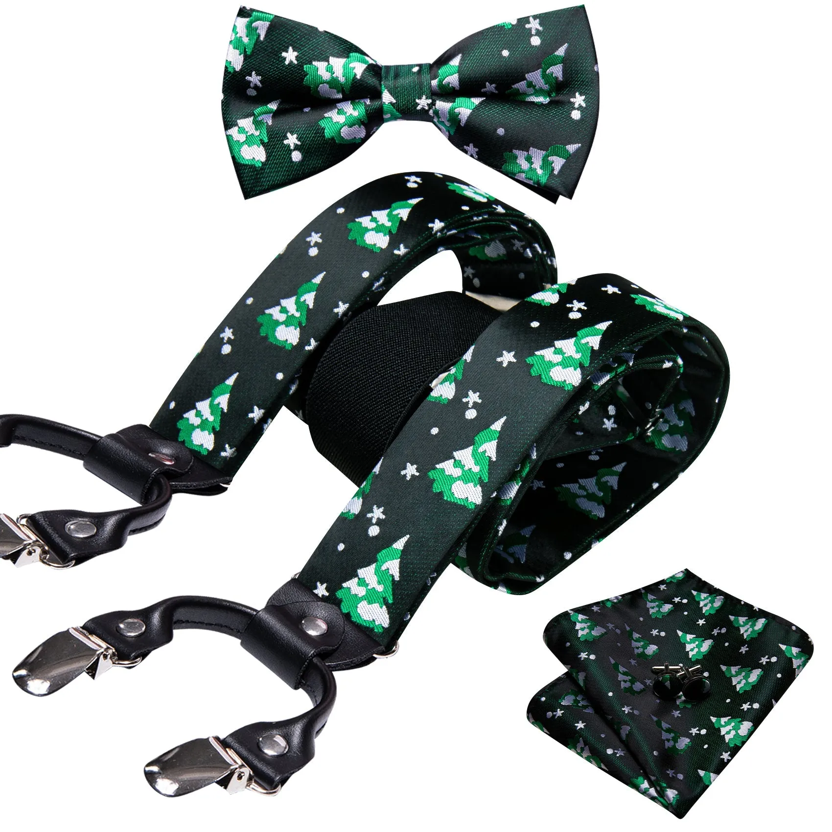 Green Christmas Tree Y Back Brace Clip-on Men's Suspender with Bow Tie Set