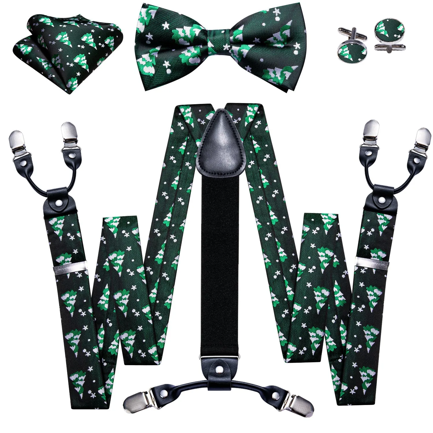 Green Christmas Tree Y Back Brace Clip-on Men's Suspender with Bow Tie Set