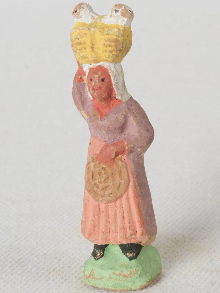 Handmade Terracotta Santon Woman with Basket and Poultry from Provence