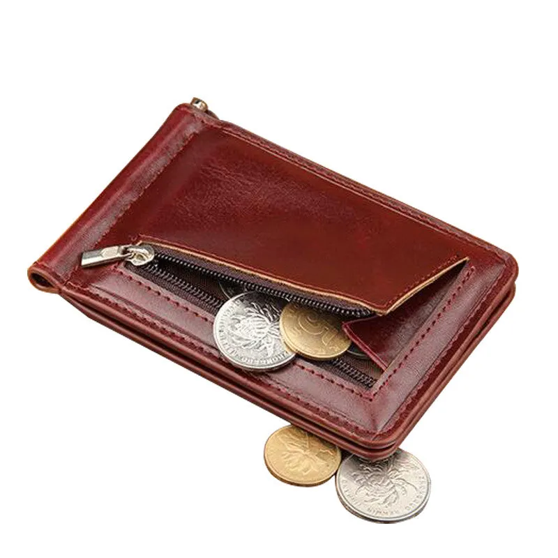 High Quality Leather Men Wallet Money Clips Stainless Steel Clamp Holder Cash Money Clip Small Zipper Coin Pocket Wallet For Men