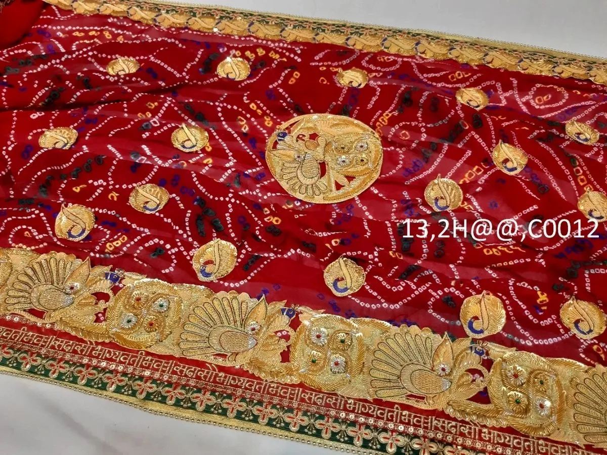 Latest Ethnic Indian Marriage Bridal Chunri Pila Odhna in peacock belbuti work, OR, KC Chunr (Pure Georgette Fabric)