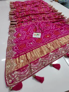 Latest New Pure Gaji Silk Bandhani Ghatchola Gota Patti Work Saree with Blouse , AMT Pink