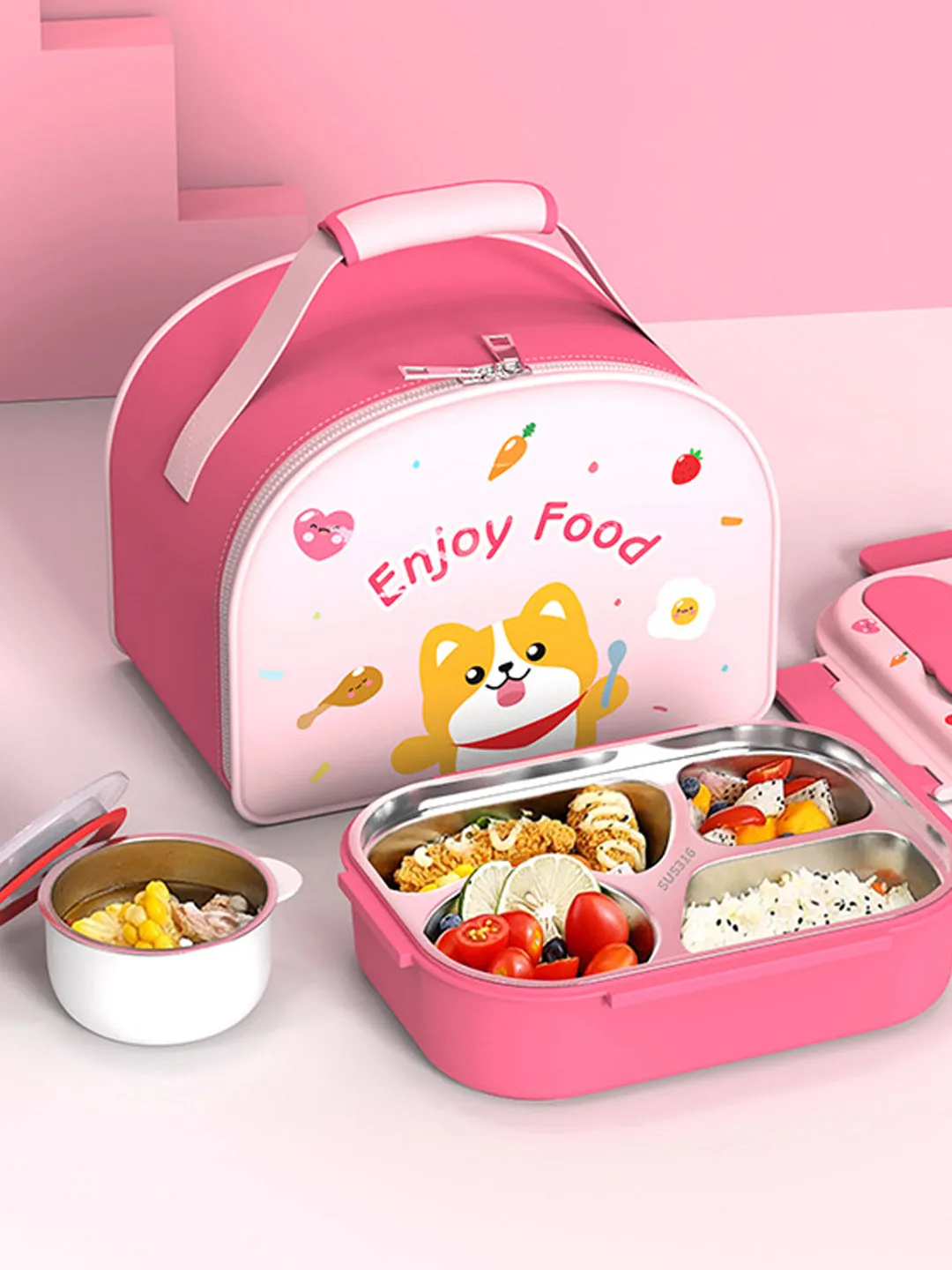 Little Surprise Box Foxy Big Size Stainless Steel Lunch Box with Matching Lunch Bag