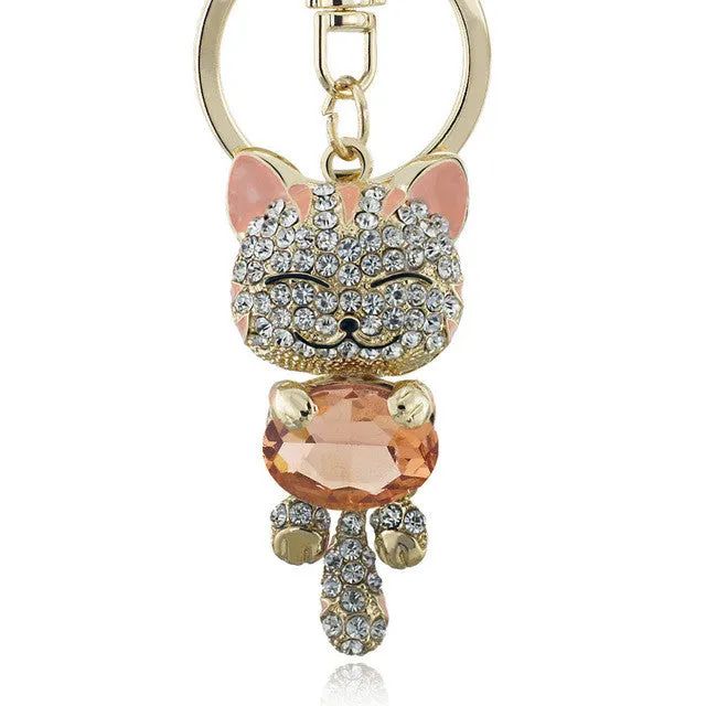 Lucky Smile Cat Crystal Rhinestone Keyrings Key Chains Holder Purse Bag For Car christmas Gift Keychains Jewelry llaveros K218