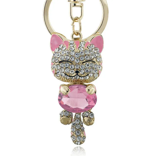 Lucky Smile Cat Crystal Rhinestone Keyrings Key Chains Holder Purse Bag For Car christmas Gift Keychains Jewelry llaveros K218