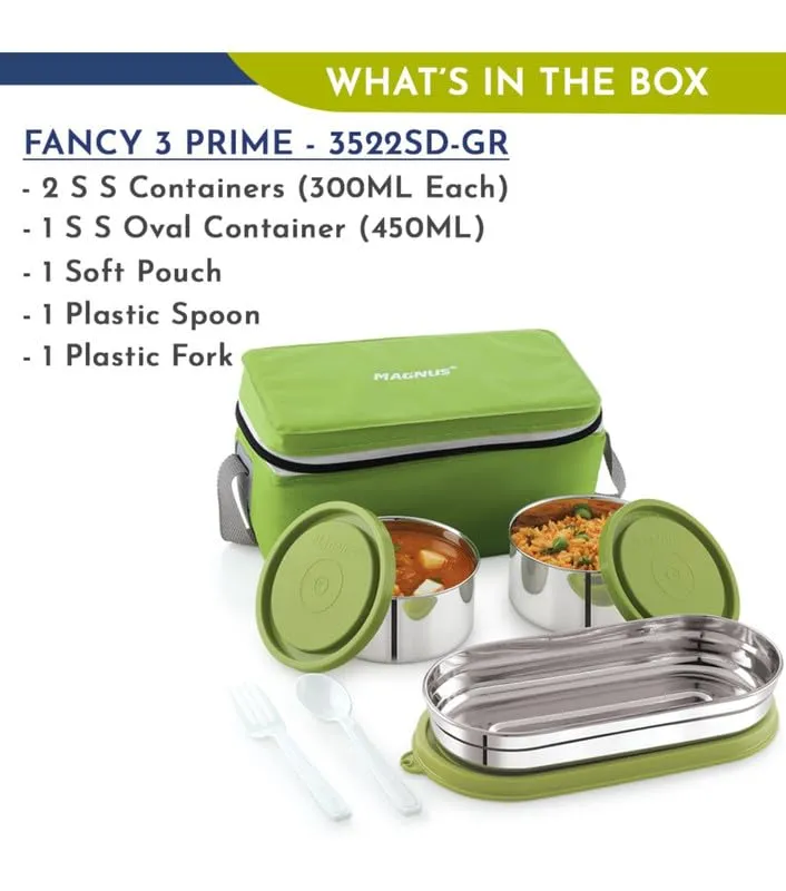 Magnus Fancy 3 Prime Steel Lunch Box Set | Leak-Proof Lunch Box for Kids & Lunch Boxes for Office Men | 3-Compartment Tiffin with Washable Cover | Safe & Stylish Design | Green