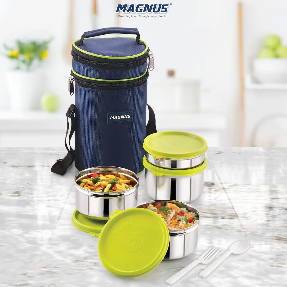 Magnus Romeo Stainless Steel Lunch Box Set with 4 Leakproof Containers & Insulated Bag – Airtight Tiffin for Office, School, Kids, Men, Women – Rust-Resistant Lunch Box for Kids & Office Men – Green