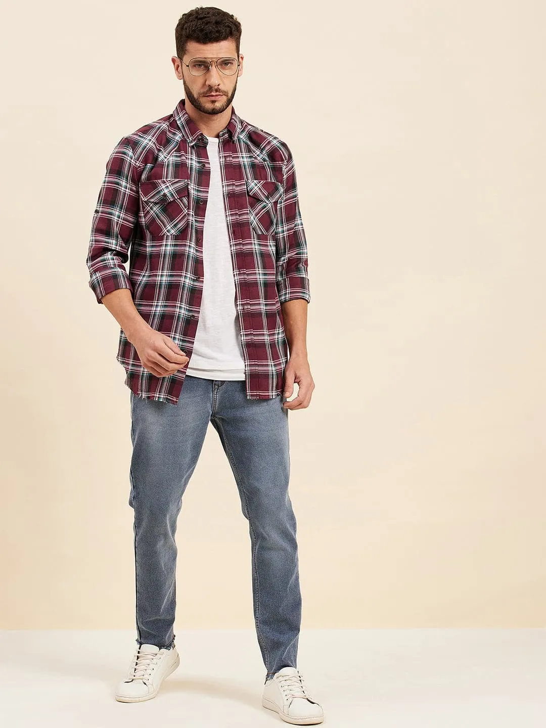 Men Maroon & White Check Shoulder Yoke Regular Shirt