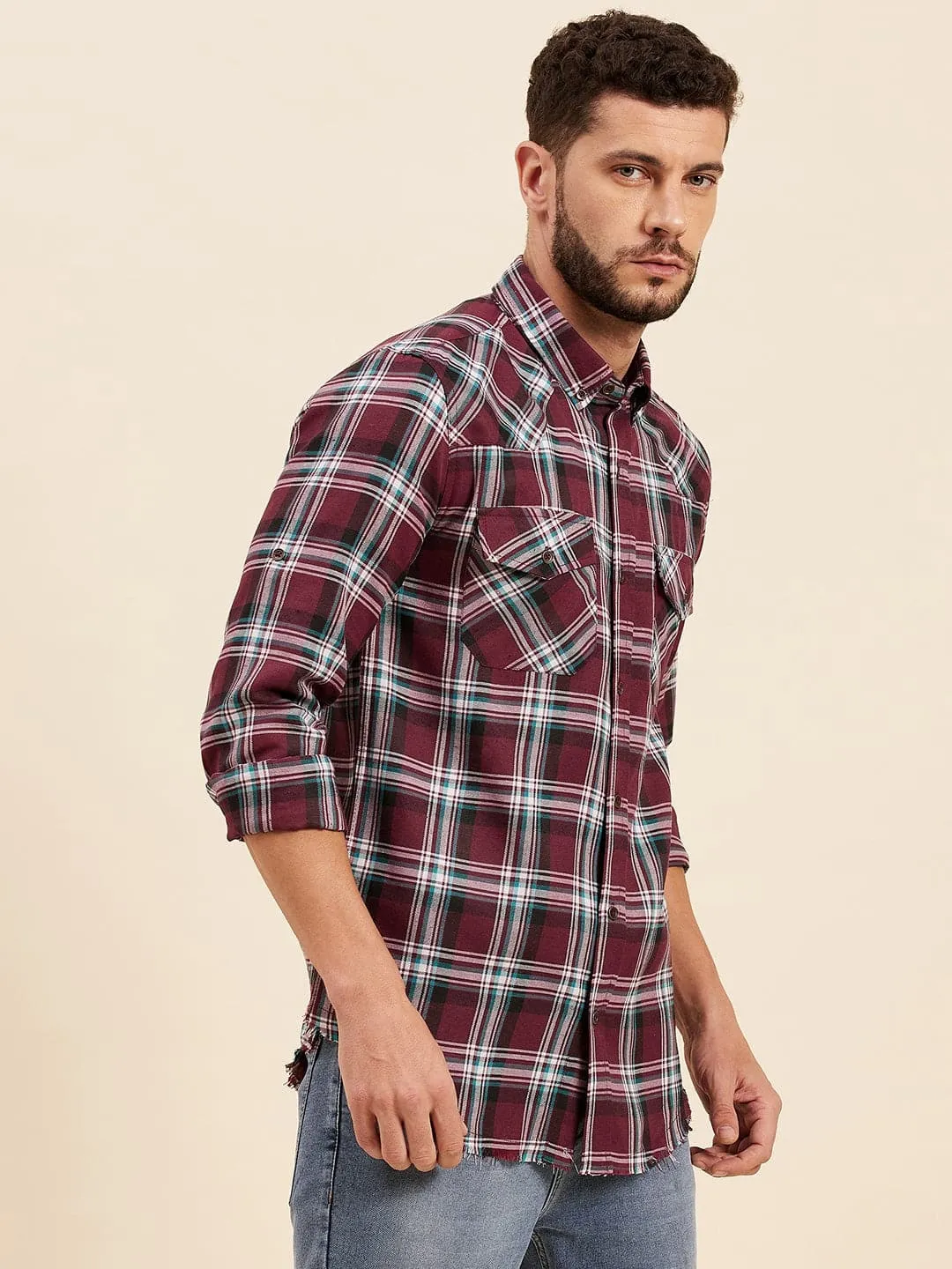 Men Maroon & White Check Shoulder Yoke Regular Shirt