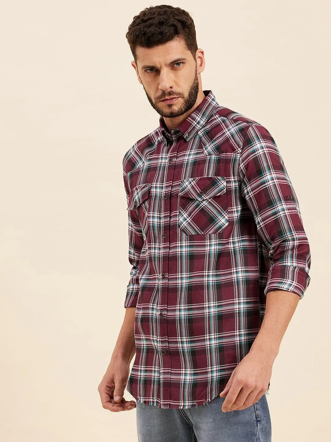 Men Maroon & White Check Shoulder Yoke Regular Shirt