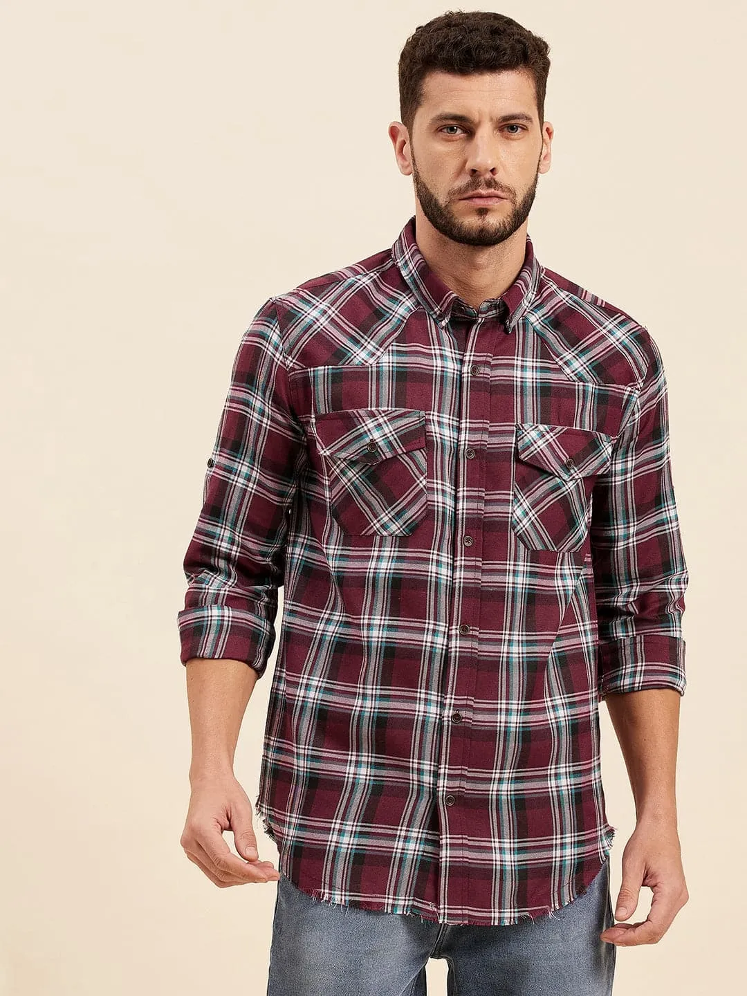 Men Maroon & White Check Shoulder Yoke Regular Shirt