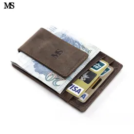 MS Hot Sale Men Genuine Leather Wallet Business Casual Credit Card ID Holder With Strong Magnet Money Clip Brown K308