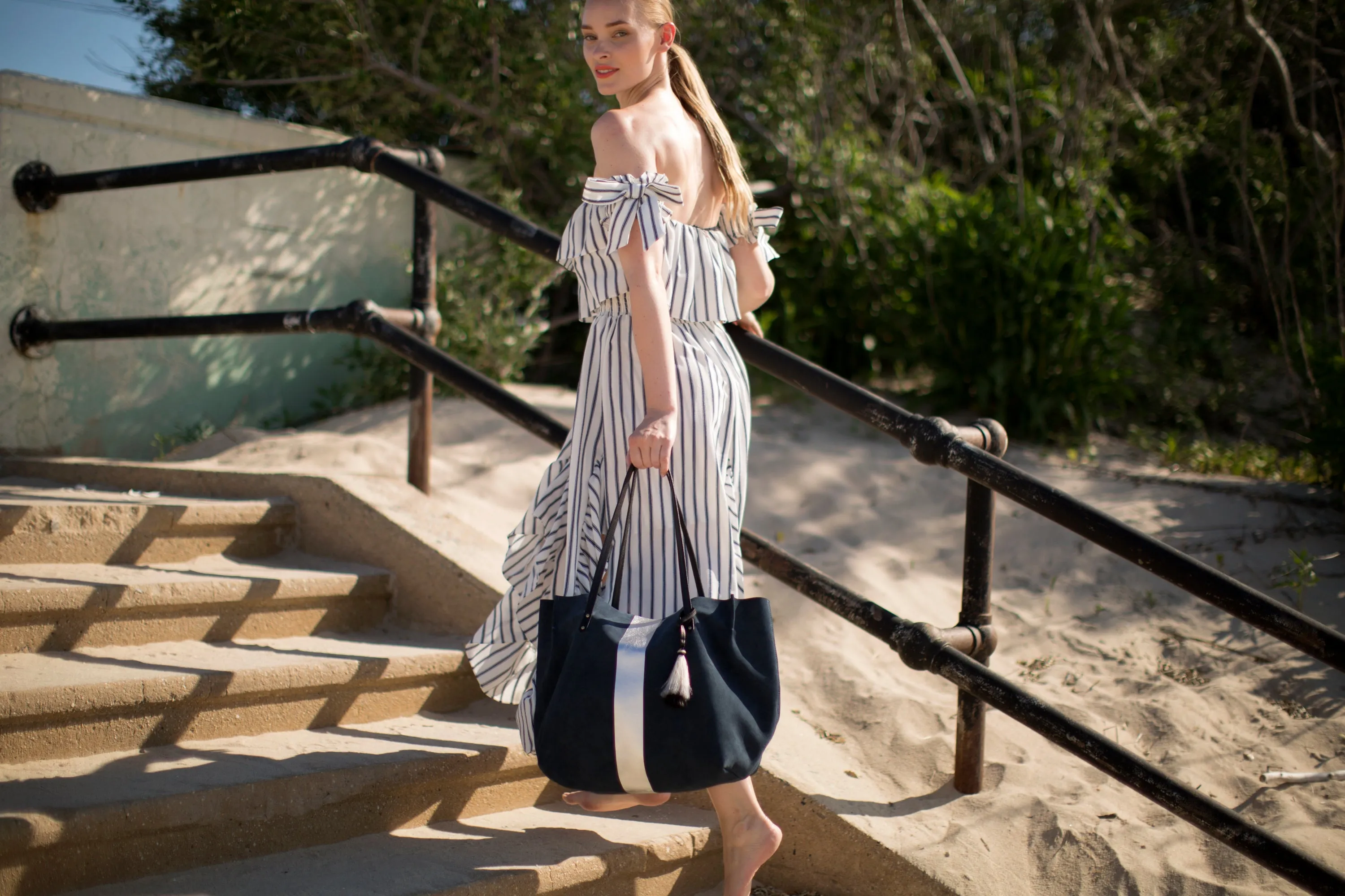 Navy Suede Silver Stripe Dorset Tote