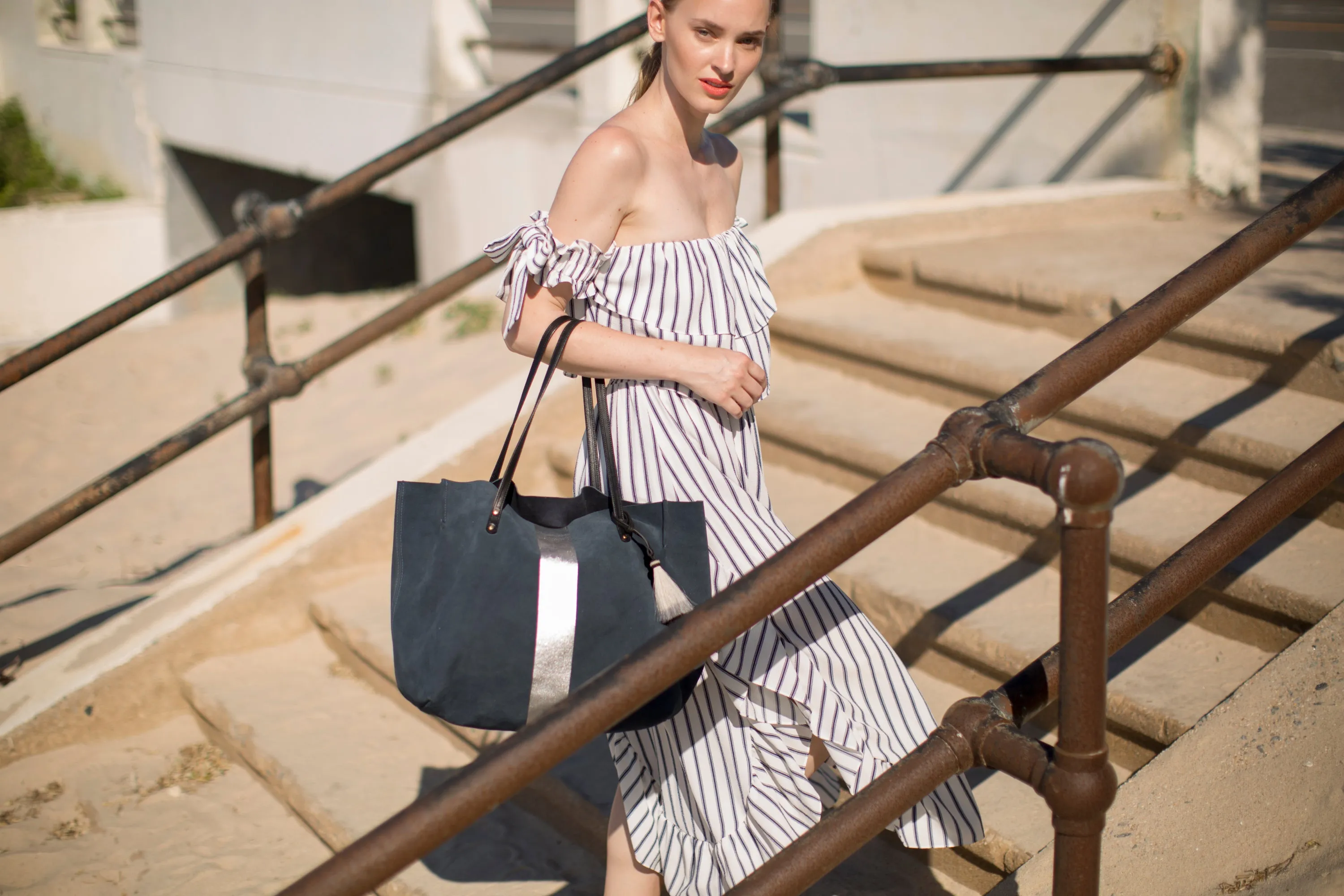 Navy Suede Silver Stripe Dorset Tote