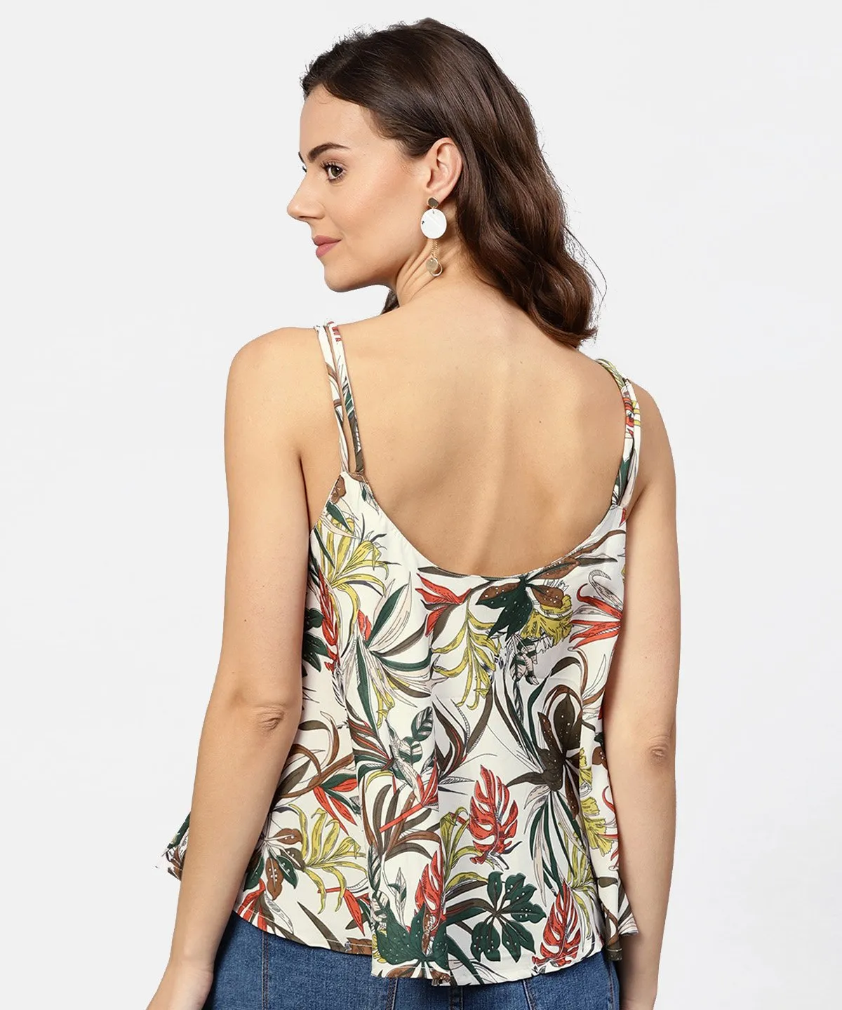 Off White Printed Shoulder Straps Crepe Top