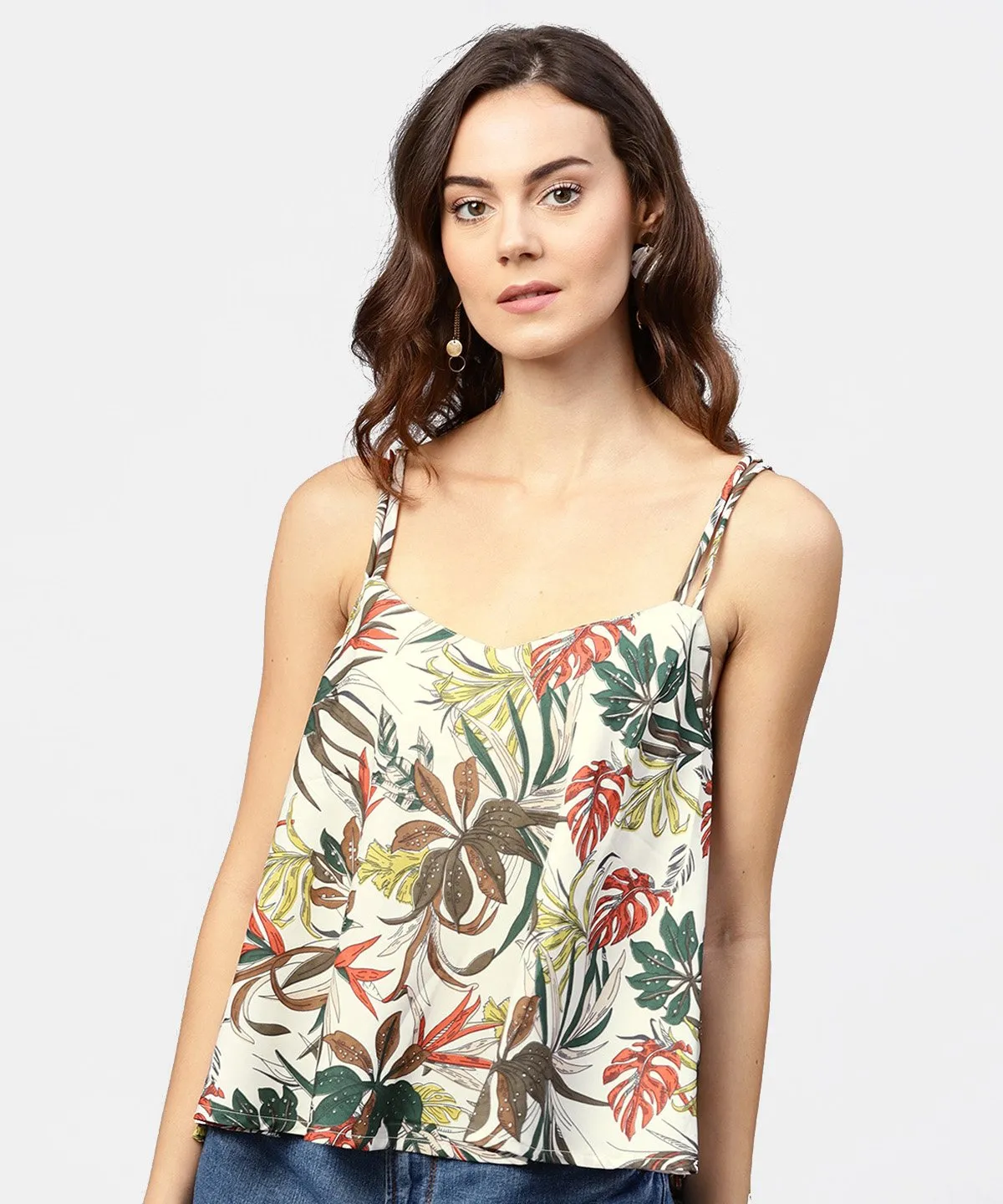 Off White Printed Shoulder Straps Crepe Top