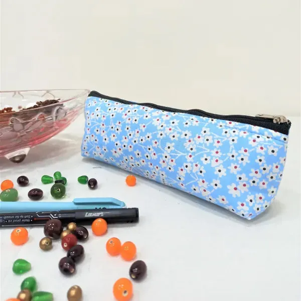 Pencil Pouches Blue with Red Small Dots Design.