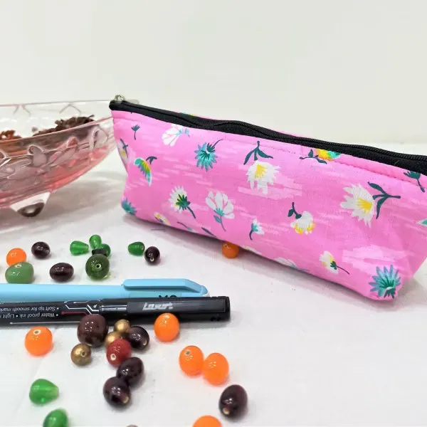 Pencil Pouches Pink With Green Flower Design.