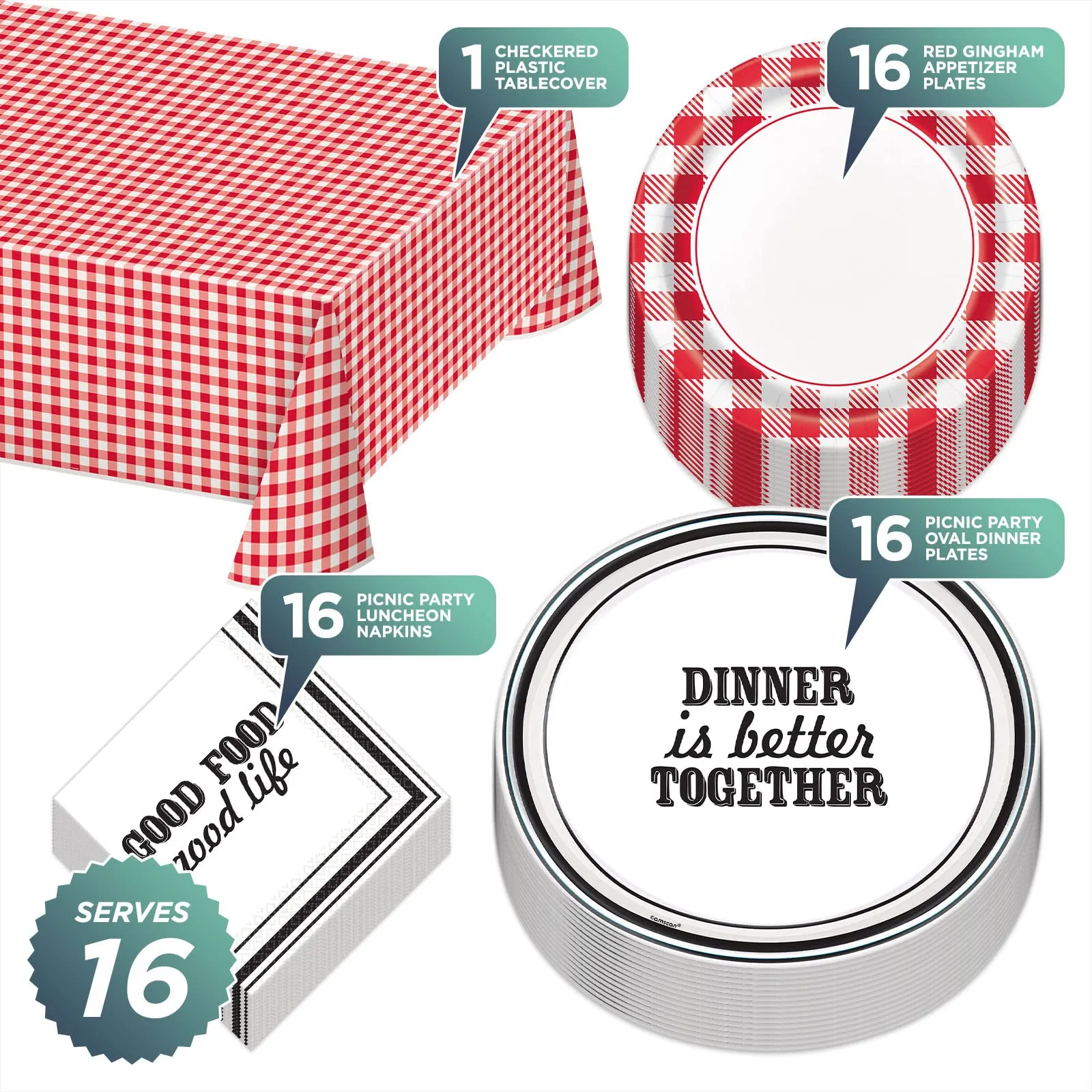 Picnic Party Oval Platter, Appetizer Plate, Luncheon Napkin, and Table Cover Set (Serves 16)