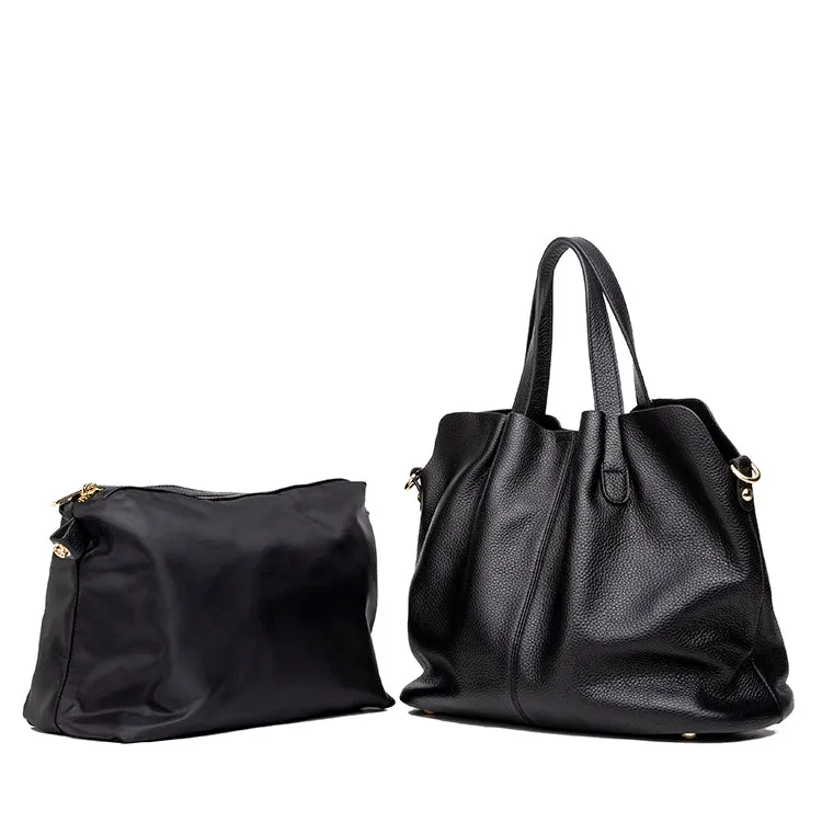 Soft Genuine Leather Shoulder Bag: Elegant Full Black Design