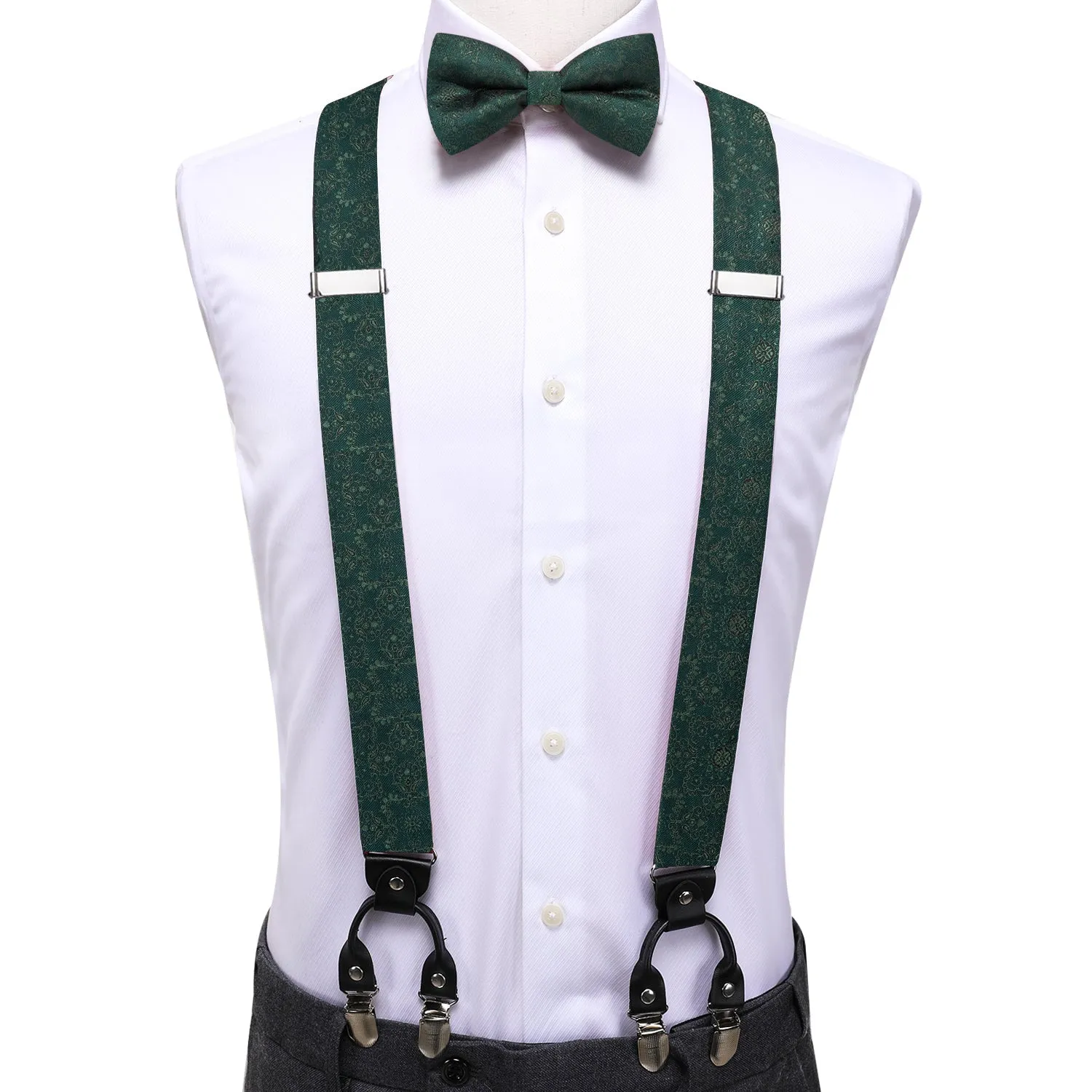 Ties2you Men's Suspender Green Floral Y Back Brace Clip-On Suspender With Bow Tie Set