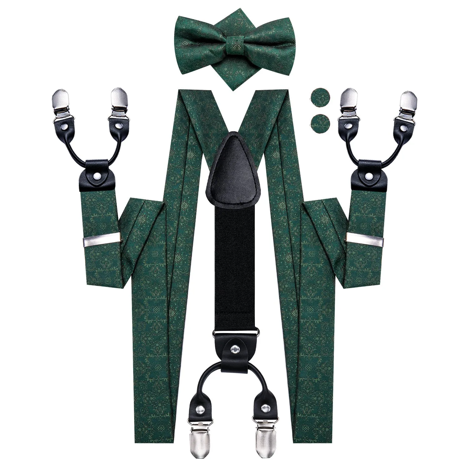 Ties2you Men's Suspender Green Floral Y Back Brace Clip-On Suspender With Bow Tie Set