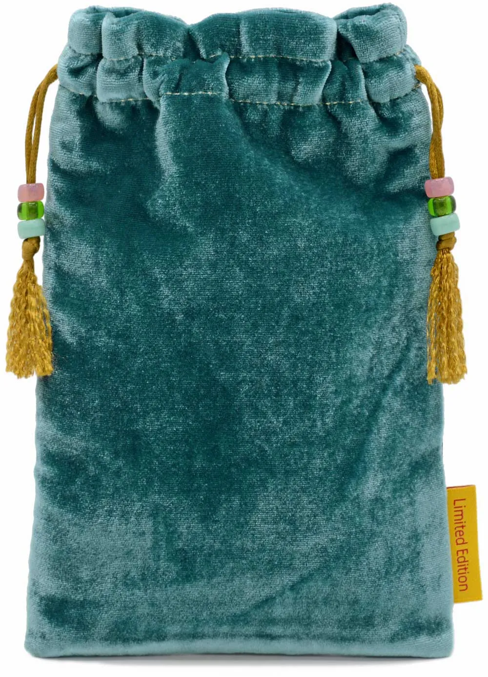 Visit to the Fortune Teller drawstring bag in teal silk velvet