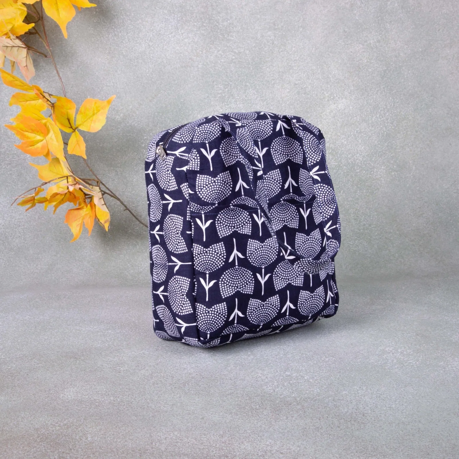 Water Proof Cotton Lunch Bag Black with White Big Flower Prints